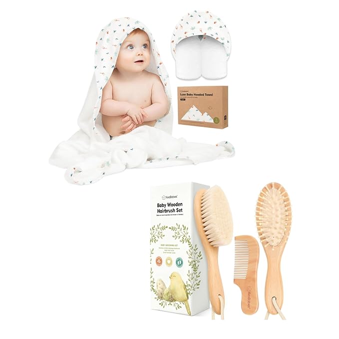 KeaBabies Baby Hooded Towel and Baby Hair Brush and Comb Set - Soft Bath Towels with Hood for Toddlers - Wooden Brush with Soft Goat Bristle for Girls, Boys, Toddlers