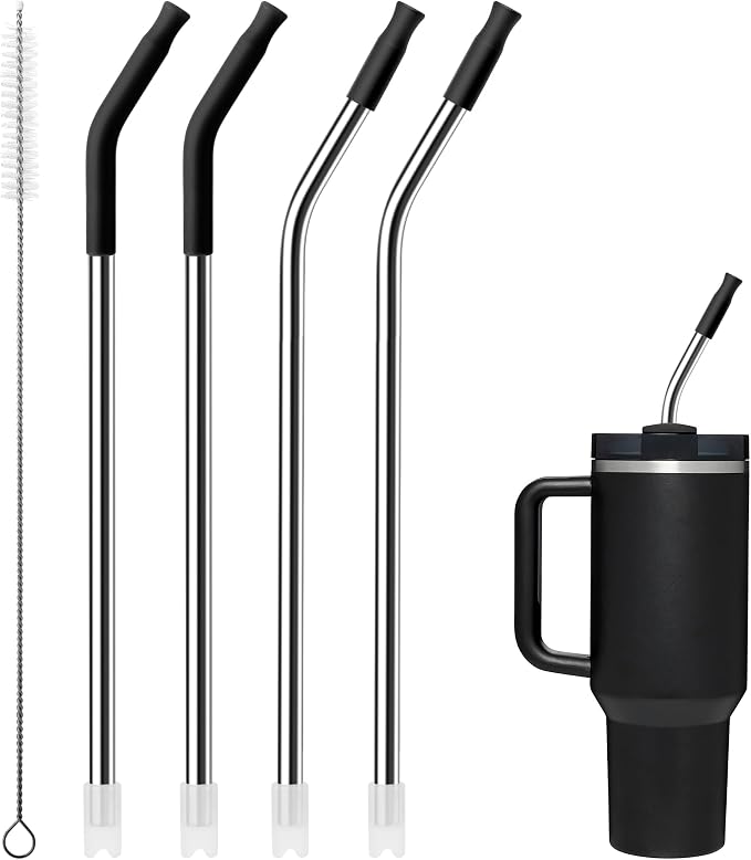 4Pack Reusable Stainless Steel Metal Straws for 40 oz Tumblers | Long Drinking Straws with Colourful Silicone Tips, Cleaning Brushes Included