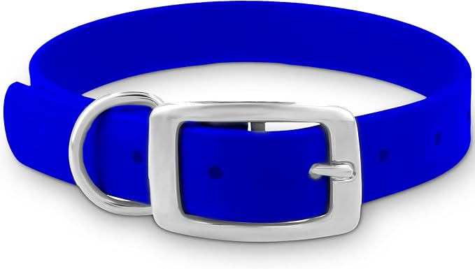 Regal Dog Products Small Blue Dog Collar with Heavy Duty Double Buckle & D Ring | Vinyl Coated, Custom Fit, Adjustable Biothane Dog Collar | Chew Resistant Waterproof Collar for Dogs