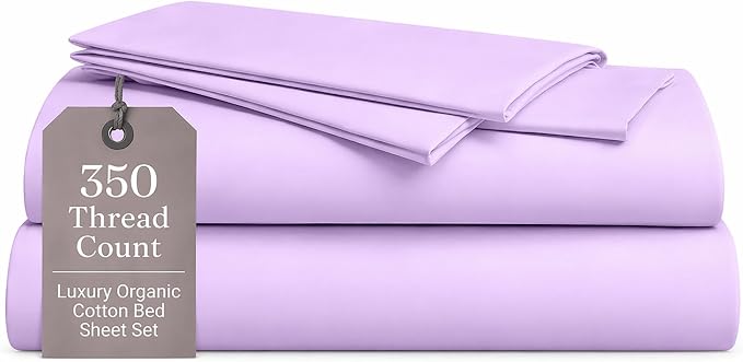 ORGANIC TEXTILES Premium Quality Bed Sheets - Organic Cotton 350 Thread Count - GOTS Certified - King, (4 Pc. Set) - Lilac
