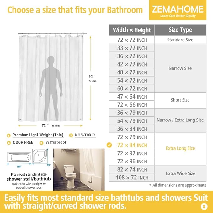 ZEMAHOME Extra Long Clear Plastic Shower Curtain Liner - Lightweight 72" x 84" Transparent Bathroom Shower Showroom Curtain Liner with Rustproof Metal Gromments and Weighted Magnet
