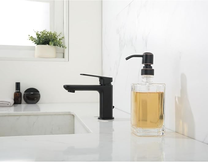 13.5 Oz Clear Glass Soap Dispenser with Rust Proof Stainless Steel Pump, Antique Design Refillable Square Lotion Dispenser for Bathroom, Premium Kitchen Hand Soap (Oil Rubbed Bronze)