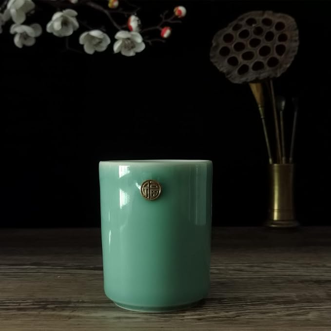 Handmade Celadon Chinese Teacup Flat Cup 6oz Coffee Mug Ceramic Milk Cup Engraved FU Porcelain Drinkware Glaze Pottery