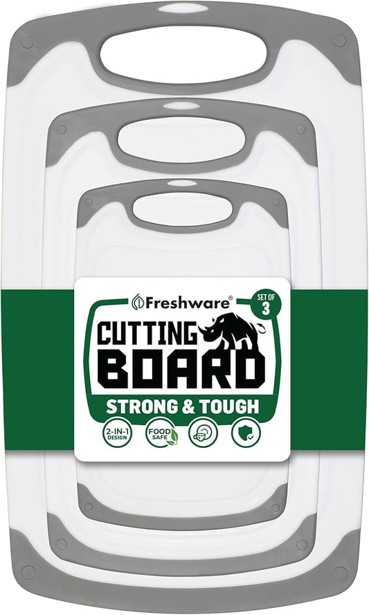 Freshware Cutting Boards for Kitchen, Chopping Board 3-Pack with Different Sizes, Juice Grooves and Non Slip Handles - Reversible, Large Cutting Board Set - Dishwasher Safe - Gray