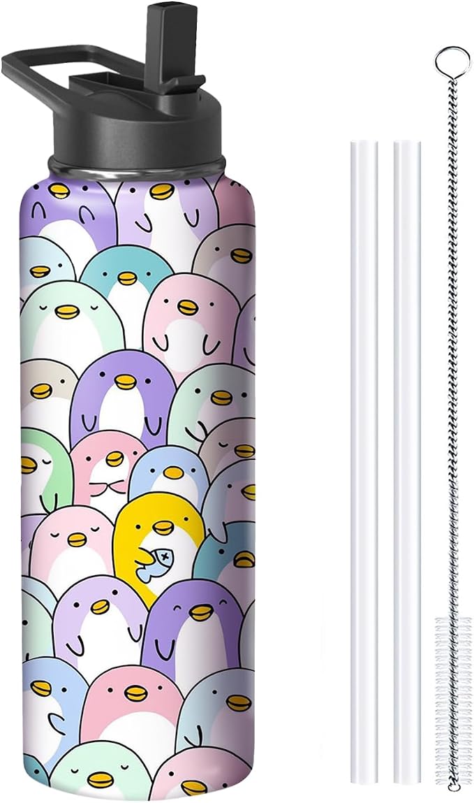40oz Penguin Water Bottle with Handle and Flip Straw, Animal Sports Stainless Steel Insulated Cup Travel Coffee Mug Tumbler, Birthday Mothers Day Chritmas Gifts for Women