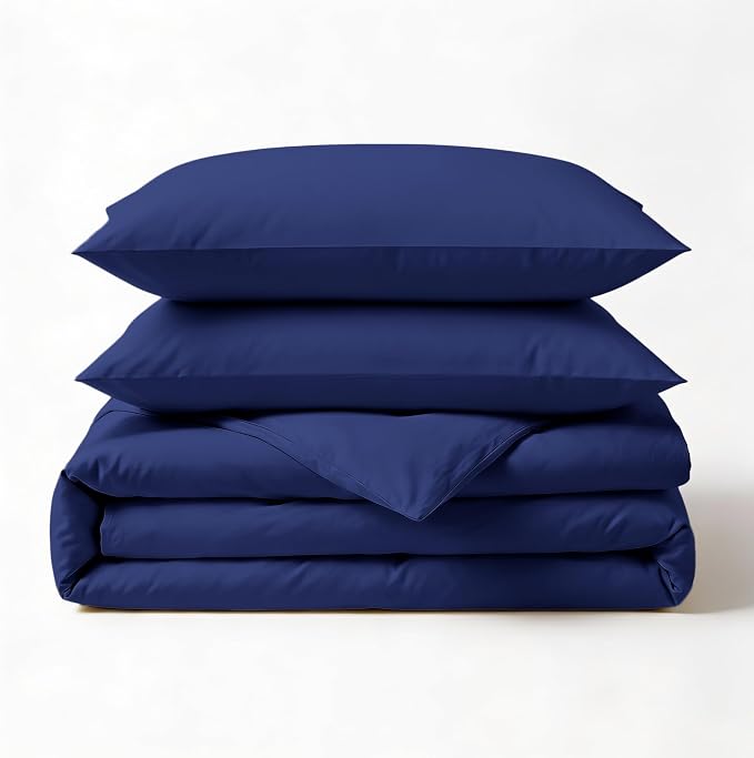 Fabdreams GOTS Certified 100% Organic Cotton Duvet Cover King Size - 400 TC Sateen - Soft - Silky - Button Closure - Edge Ties - 1 Duvet Cover (106"x92")+2 Pillow Shams (20"x36") - Dark Blue