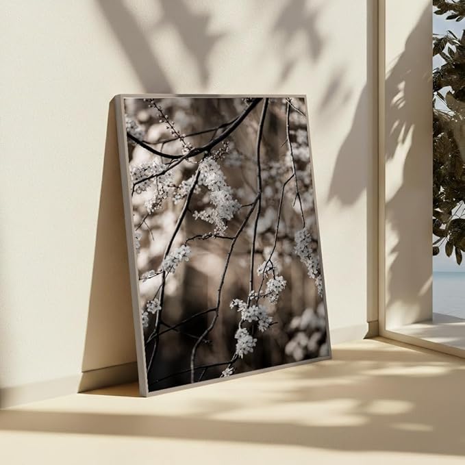 Monem Art Cherry Blossom Branch Photography Print - Moody Botanical Nature Art Poster - Wall Decor for Living Room, Bedroom or Office - 24x32 Silver Framed CANVAS Wall Art by Mareike Bohmer