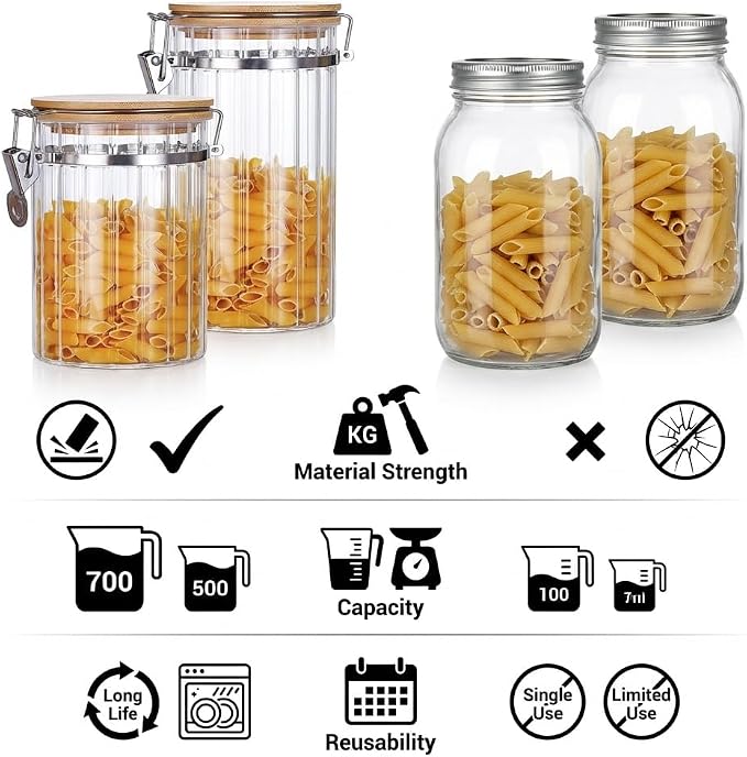 Glass Storage Jars with Bamboo Lids, Set of 2 – 34oz Airtight Borosilicate Canisters for Pantry Organization, Coffee, Flour, Sugar & Pasta – BPA-Free, Ribbed Design
