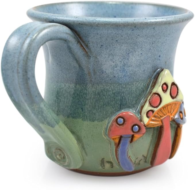 Enchanted Mushrooms Mug - American Handmade Sculpted Stoneware Pottery, 16-oz
