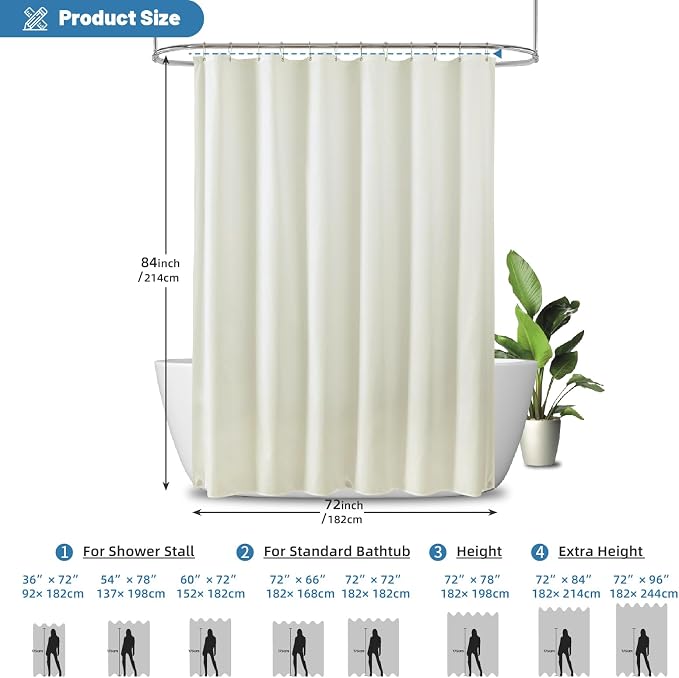1 Pack Water-Repellent Fabric Shower Curtain Liner - Hotel Quality Machine Washable, 3 Heavy-Duty Magnets with Rustproof Grommets & Weighted Hem, Standard Size 72x84in Cream