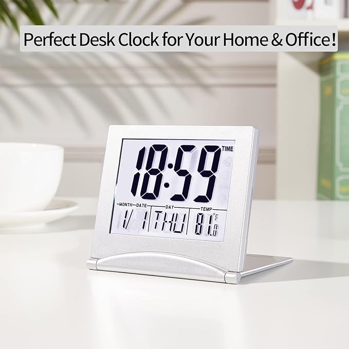 KANBIT Small Digital Travel Alarm Clock Battery Operated, Portable Large Number Display Loud Alarm Clock with Temperature, Night Backlight, 12/24 H Desk Clock -Silver (White Light)