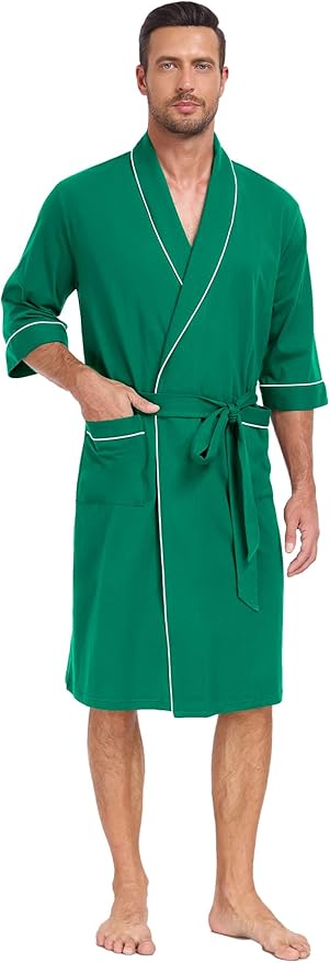 COLORFULLEAF 100% Cotton Men’s Summer Bathrobe Lightweight & Breathable Short Sleeve Kimono Robe with Pockets