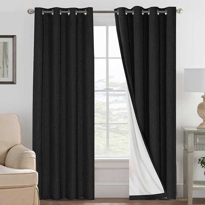 H.VERSAILTEX Blackout Curtains Linen Curtains 120 inches Long 100% Black Out Curtains for Bedroom Windows, Textured Linen Look Draperies Grommet with White Liner, 2 Panels, Black