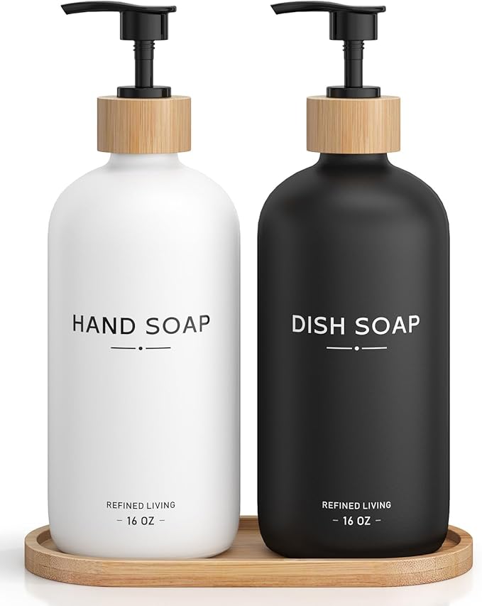 Hand and Dish Soap Dispenser Set,16oz Glass Bottles with Bamboo Pumps & Tray,Countertop Soap Dispensers for Kitchen,Luxury, Minimalist & Farmhouse Decor