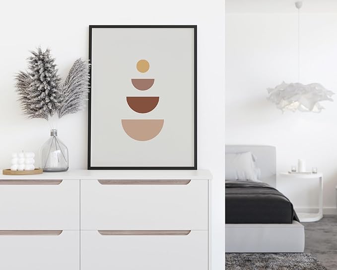 Minimalist Geometric Wall Art Stacked Semi-Circle Shapes Earth Tones Terracotta Brown Mid Century Modern 12x16 Inch Oak Wood Black Framed Abstract Print for Office