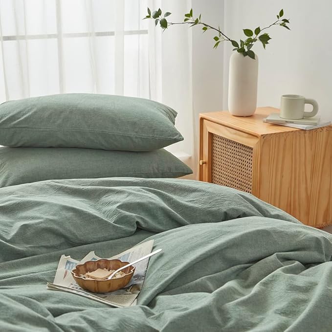 FACE TWO FACE Bedding Duvet Cover Set100% Washed Cotton Duvet Cover Linen Like Textured Breathable Durable Soft Comfy (Full, Reversible Green)