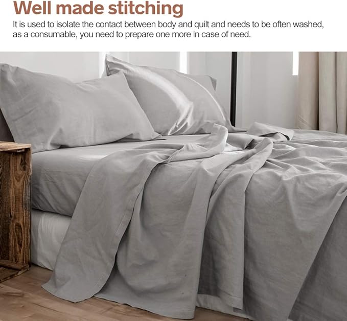 BISELINA Linen Sheet French Flax Flat Sheet Only 55% Euro Linen 45% Cotton Basic Style Solid Color Soft Breathable Farmhouse Top Sheet 1-Piece (King, Grey)