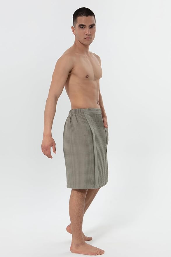 SEYANTE Men's Organic Waffle Spa Wrap – GOTS Certified 100% Turkish Cotton, Adjustable Closure, Same-Color Piping