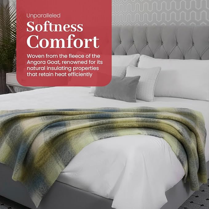 Biddy Murphy Ultra Soft Irish Mohair & Wool Throw Blanket, Made in Ireland, 54"x72", Cream/Pale Blue & Green/Grey Mix Block