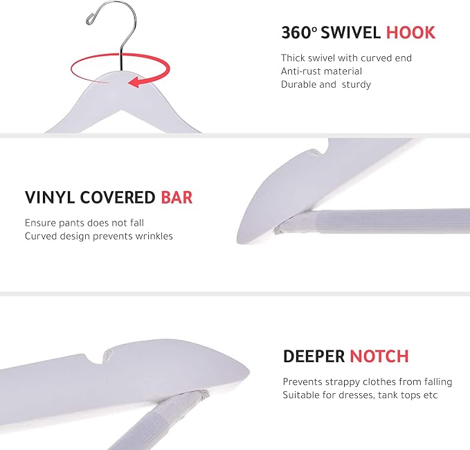Quality Hangers Wooden - Slightly Curved Hanger 90 Pack Sets - Solid Wood Coat with Stylish Chrome Hooks - Heavy-Duty Clothes, Jacket, Shirt, Pants, Suit Hangers(White, 90), 17.5 inch, W040-30/ctn