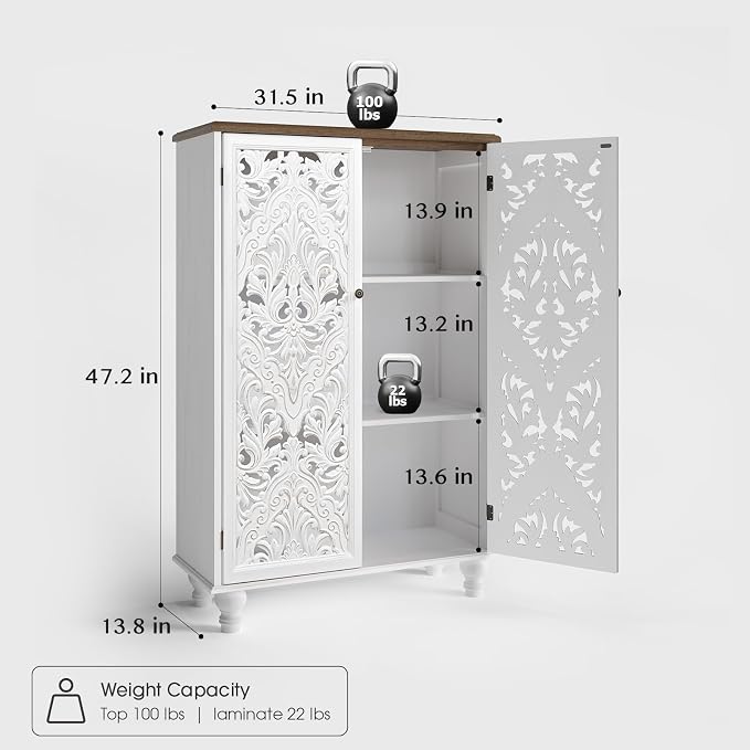 JOINICE 47" Accent Storage Cabinet with Carved Doors,White Buffet Cabinet with Solid Wood Legs & 100lbs Capacity, Farmhouse/Rustic/Boho Style for Living Room, Dining Room, Bedroom, Hallway, Study