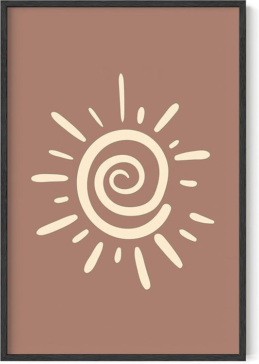 Abstract Spiral Sun Wall Art Swirl Sunburst Print Earth Tones Terracotta Tan Mid Century Modern 24x36 Inch Oak Wood Black Framed Tribal Boho Decor for Living Room