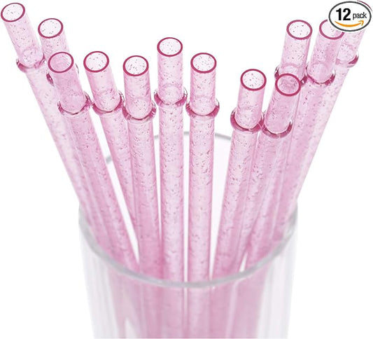 Dakoufish BPA-Free 12 Piece 11 Inch Reusable Clear Plastic Glitter Sparkle Drinking Straw Plus one Cleaning Brush (Pink,11inch)