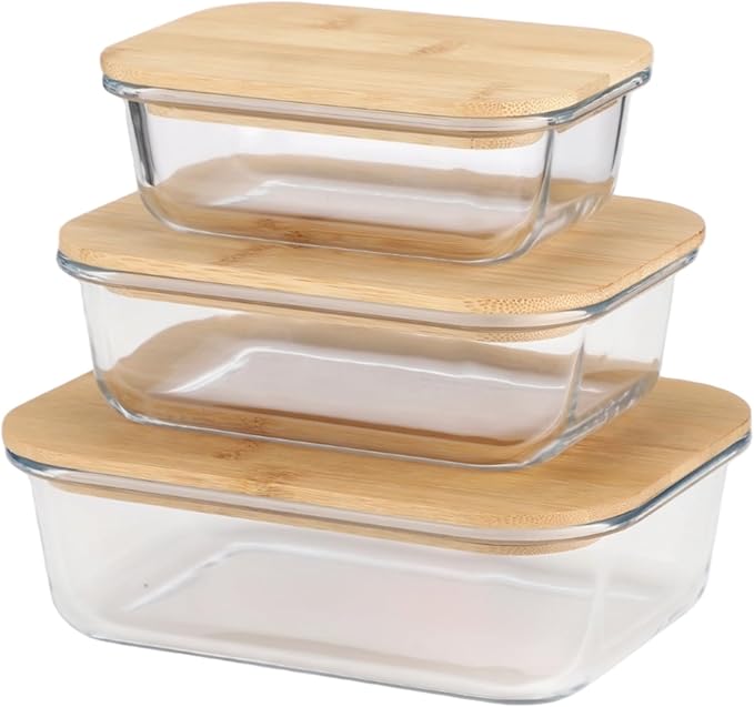 3 Pcs Glass Containers with Silicone-Sealed Wood Lids, 12.5 oz - 35.2 oz Stackable Meal Prep Food Storage Containers Set, Reusable Lunchbox for Picnics, Lunches