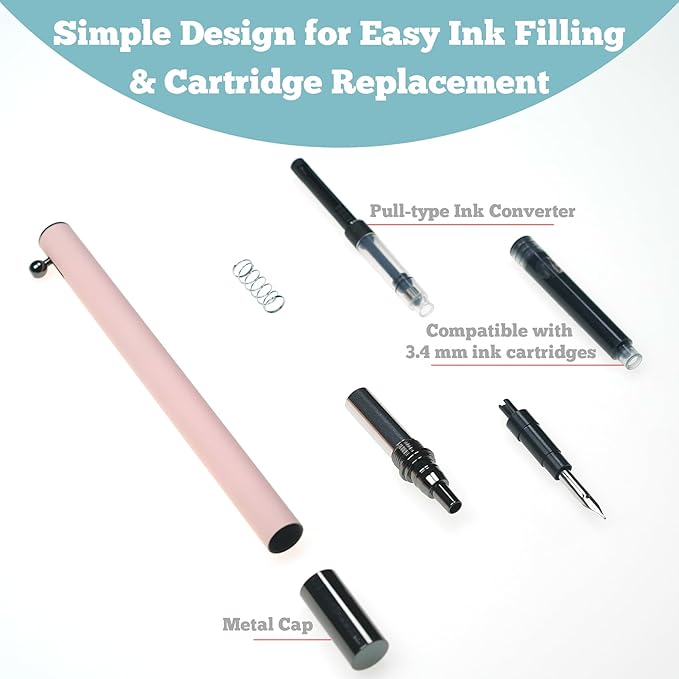 Retractable Fountain Pen – 0.38 mm Extra Fine Nib Fountain Pen, Smooth Fancy Pens with Converter, 6 Ink Cartridges & Gift Pouch for Writing (Pink)