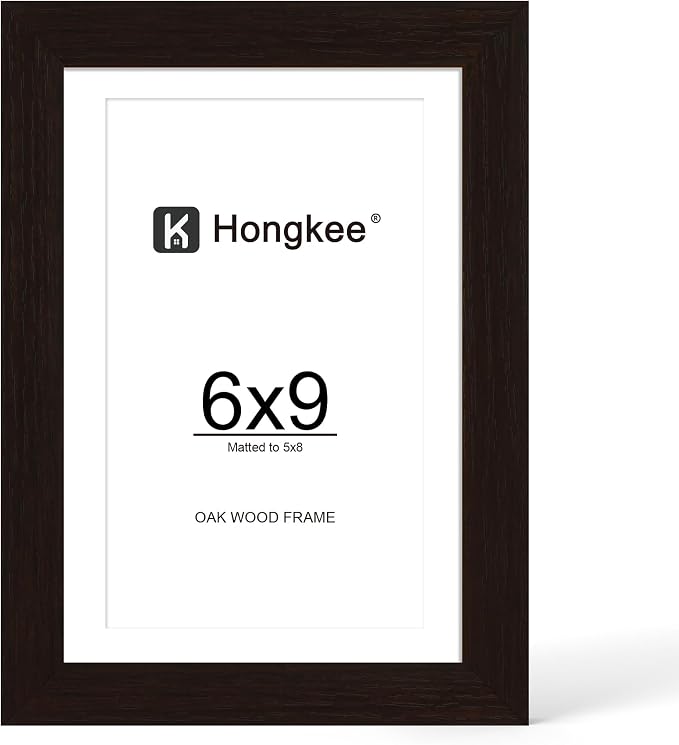 Hongkee 6x9 Oak Wood Picture Frame, Display Photos 5 x 8 with Mat or 6 x 9 without Mat - Tempered Glass Cover, Horizontal and Vertical Display for Wall or Tabletop (Black, Set of 1)