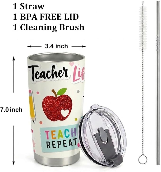 Teacher Tumbler Teacher Appreciation Gifts Back to School Gift for Women | Teacher Week Gift 20oz Insulated Tumbler for Thanksgiving Birthday Back to School Pre K Preschool Christmas Coffee Travel Mug