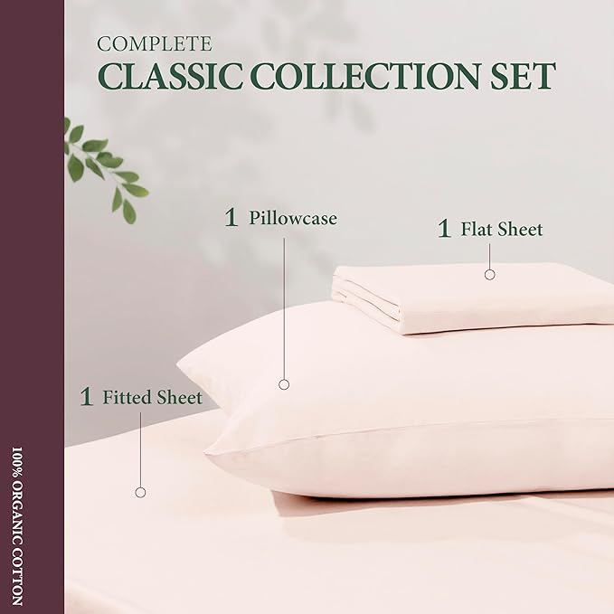 100% Organic Cotton Sheets Twin XL Size - Organic Cotton Twin XL Size Percale Weave Sheet Set (3 PC, Blush), Soft, Cooling, Crisp & Breathable, 16" Deep Pocket Hotel Bedding Set