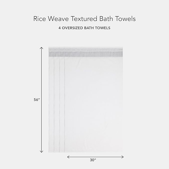 Texere 100% Organic Cotton Rice Weave Jacquard 700 GSM Luxury Bath Towel Sets - 4 Large Bath Towels (Rice Weave, BRT Wht w/Blk, 4 Bath Towels)