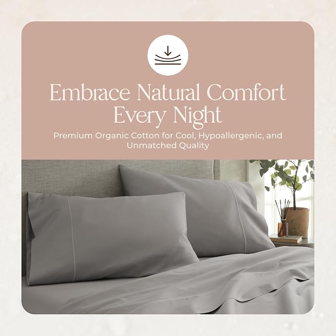 Organic King Fitted Sheet Only Deep Pocket - 100% Organic Cotton Sheets with Breathable 300 Thread Count Sateen Weave GOTS & Fairtrade Certified - Soft Fitted Bed Sheets Only (Classic Grey, King)