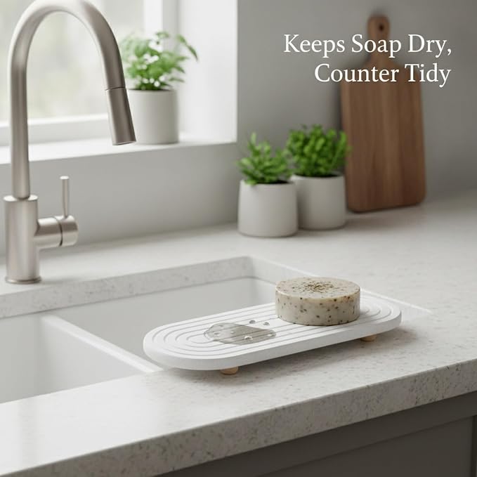Diatomite Soap Dish with Wooden Stand, Absorbent Stone Tray for Bar Soap, Bathroom Sink Counter Organizer (1 PC)