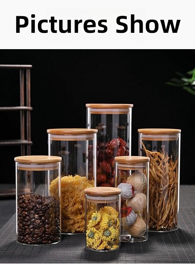 Set of 2 Glass Storage Container Airtight BPA Free Glass Food Storage Jars with Airtight Bamboo Wooden Lidsfor Flour, Sugar, Cookie, Spagetti, Nuts and CandyCereal and Kitchen Pantry Organization