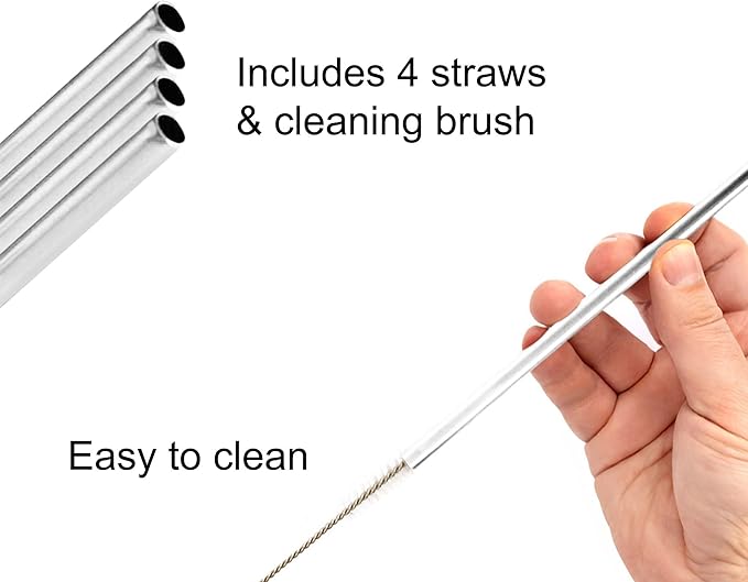 HIC Kitchen Bar Reusable Cocktail Straws with Cleaning Brush, 18/8 Stainless Steel, Set of 4