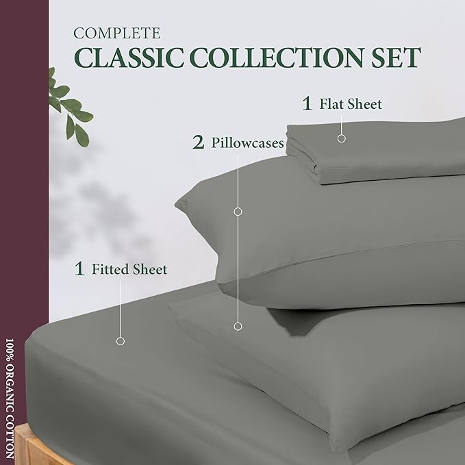 100% Organic Cotton Sheets California King Size - Organic Cotton Cal King Size Percale Weave Sheet Set (4 PC, Dark Grey), Soft, Cooling & Crisp, 16" Deep Pocket Hotel Bedding Set