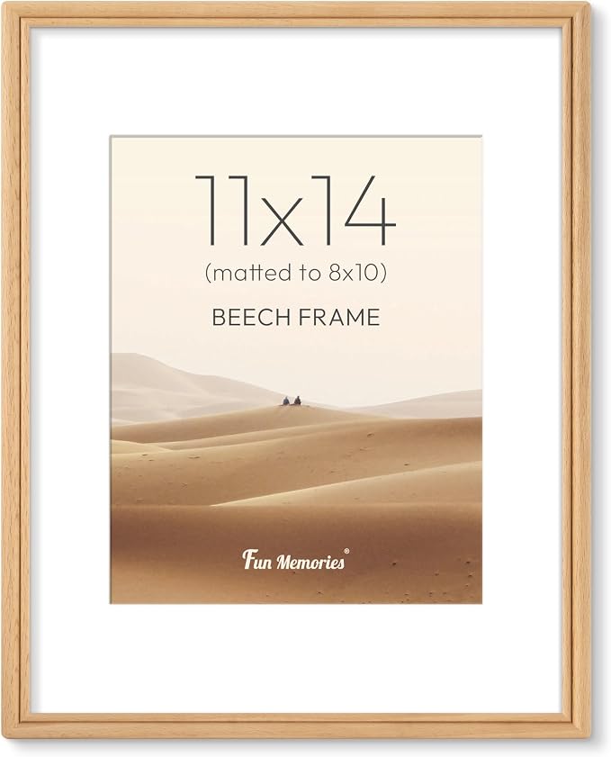 11x14 Picture Frame with Mat for 8x10, USA-Sourced Natural Beech Wood Handcrafted Rounded Corner with HD Tempered Glass, 11 x 14 Photo Frames Gallery Wall & Tabletop, Vertical or Horizontal Display