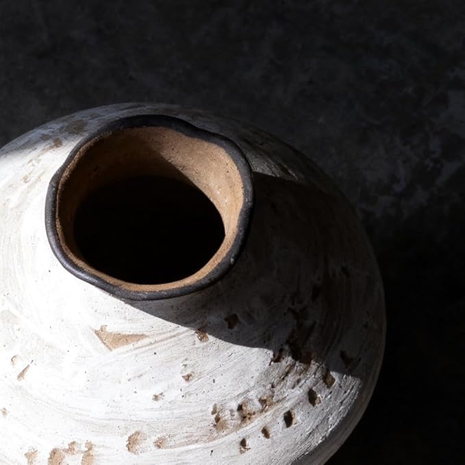 Wabi Sabi Vase 11.5" Rustic White and Brown Distressed Ceramic Vase, Wide Mouth Rustic Vintage Vases for Table Centerpieces, Farmhouse Home Decor for Living Room Entryway Shelf