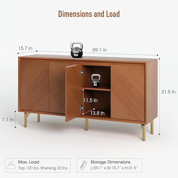 JOINICE 59" Sideboard Buffet Cabinet with Storage for Dining Room,Walnut | Adjustable Shelf,Versatile Credenza for Dining Room,Metal Legs, Living, Kitchen Coffee Bar and Entryway Console