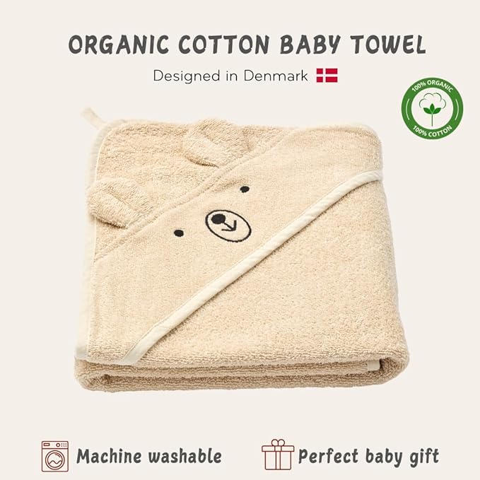 Hooded Baby Towel – 100% Organic Cotton Baby Bath Towels – Baby Boy and Girl Newborn Essentials - Super-Soft and Absorbent. (Bear Fog)
