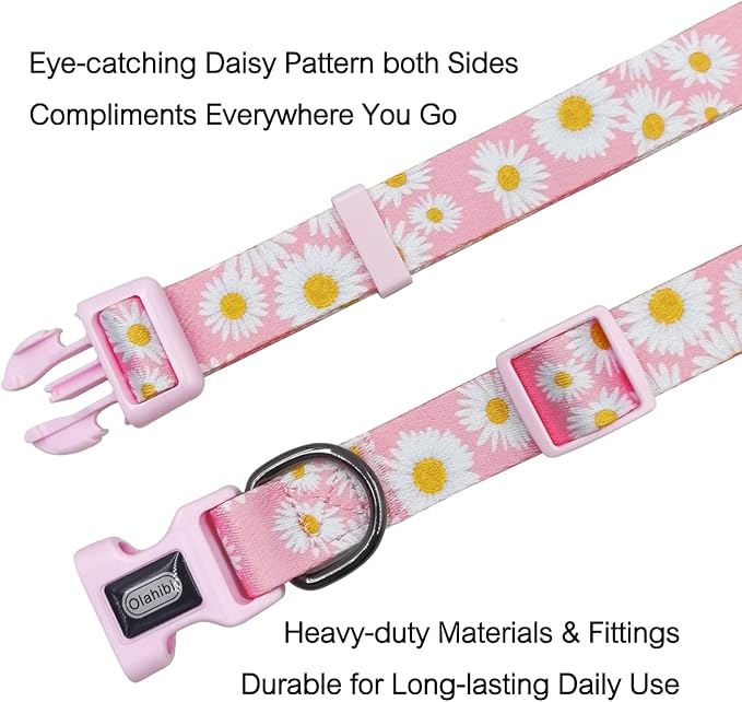 Dog Collar Leash Set, Floral Pattern, Polyester Material, Adjustable Collar and 5ft Matchcing Leash, for Large Dogs.(L, Light Pink Daisy)