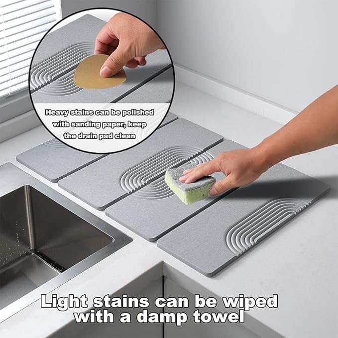 23.6"×15.7" Diatomaceous Earth Stone Dish Drying Mat, Foldable Super Absorbent Quick Dry Non-Slip Eco-Friendly Pad for Kitchen Counter, Dishes, Cups, Bottles & Utensils, Light Gray