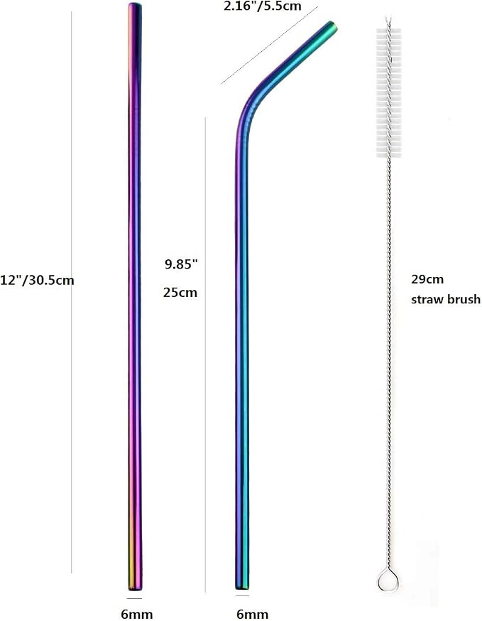 12 Inch Colorful Stainless Steel Straws, 8pcs Ultra Long Reusable Rainbow Color Metal Drinking Straws with Silicone Tips and Cleaning Brush for Big Tumblers