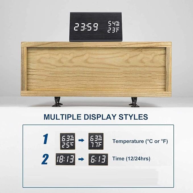 Digital Alarm Clock, Wooden Alarm Clock with Electronic LED Time Display, Humidity & Temperature Detect 3 Alarm Settings 3 Level Brightness Electric Clock for Bedroom Bedside Desk (Black wood)