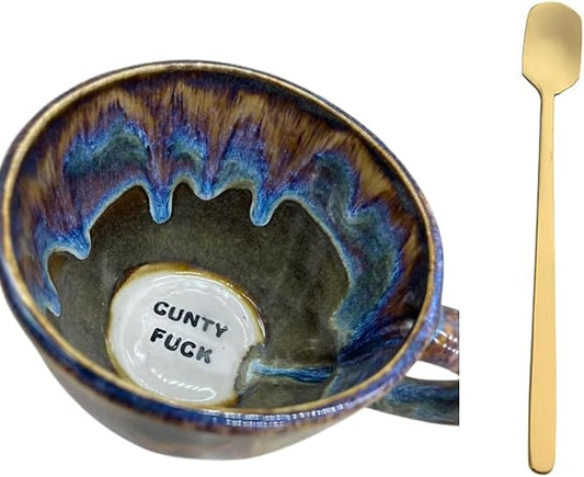 Jumbo Lightning Sweary Mug,Glaze Ceramic Mug,Handmade Pottery Coffee Mugs, Engraved Sarcastic Quote - Gift for Friends and Coworkers,Comes with a fine coffee spoon (CUNTY FUCK)