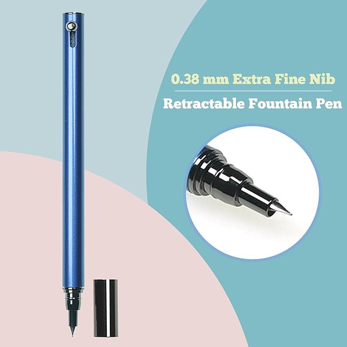 Retractable Fountain Pen – 0.38 mm Extra Fine Nib Fountain Pen, Smooth Fancy Pens with Converter, 6 Ink Cartridges & Gift Pouch for Writing (Blue)