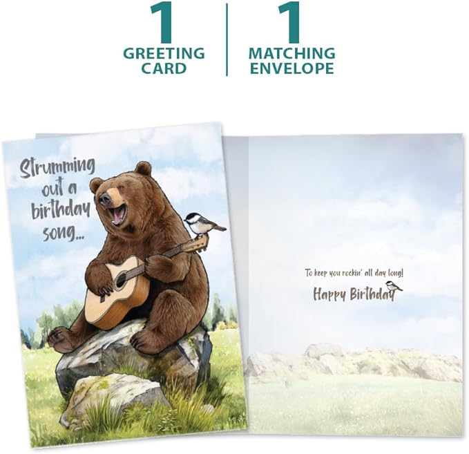 Tree-Free Greetings Bear Guitar Birthday Card - 1 Recycled 5x7 Card & Matching Envelope, Thick Cardstock, Made in USA - Hilariously Joyful Song