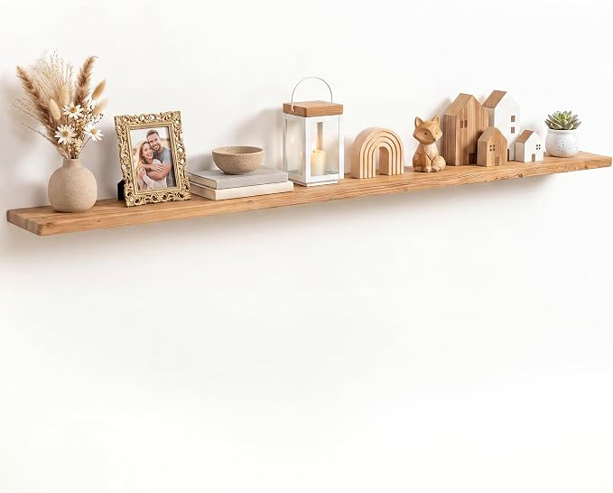 Fun Memories 72 Inch Floating Shelf, 8 Inch Deep Rounded Edge Extra Long Elm Wood Shelf with Hidden Bracket, Solid Wood Mantel Shelf for Fireplace Wall